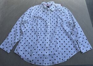 NWT Talbots Plus 18W Non-Iron Shirt White Black Polka Dot Button Down Blouse